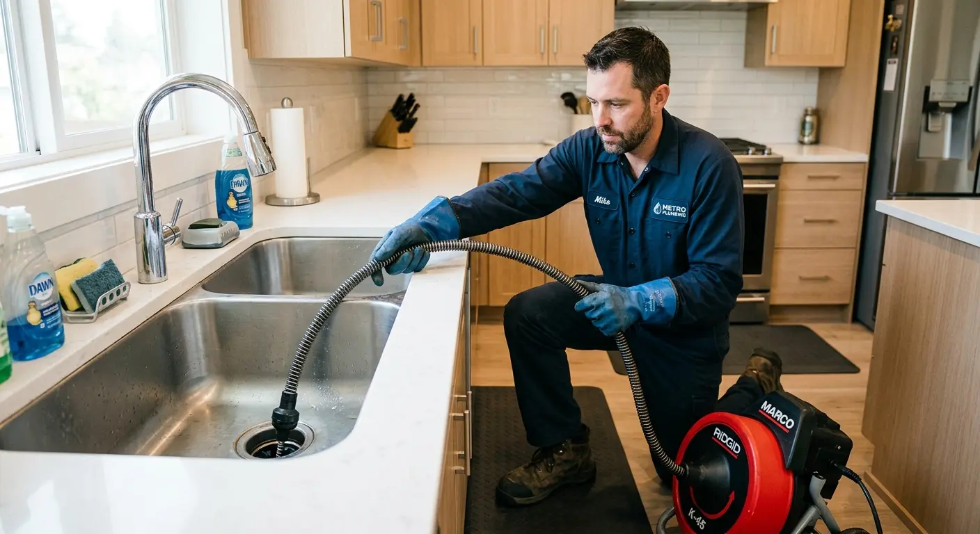 Drain cleaning technician using a motorized snake on a kitchen sink in Soquel