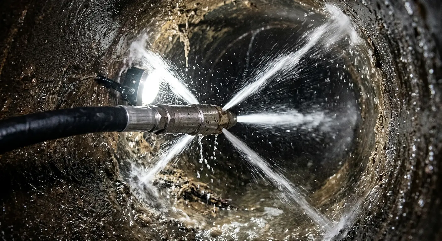High-pressure hydro jetting nozzle cleaning sewer pipe for Storm Drain Cleaning in Soquel