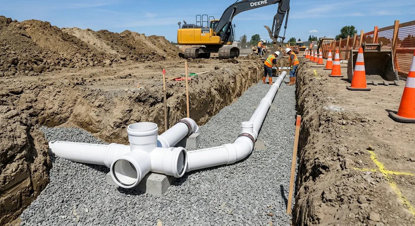 New PVC sewer pipe installation in open trench for Sewer Backup in Soquel