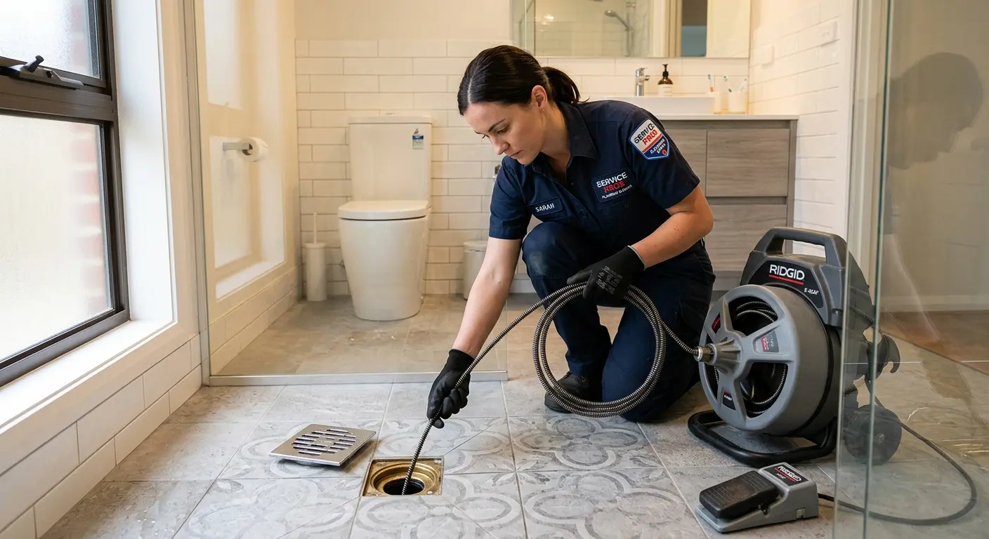 Technician clearing a bathroom floor drain for Drain Cleaning in Soquel